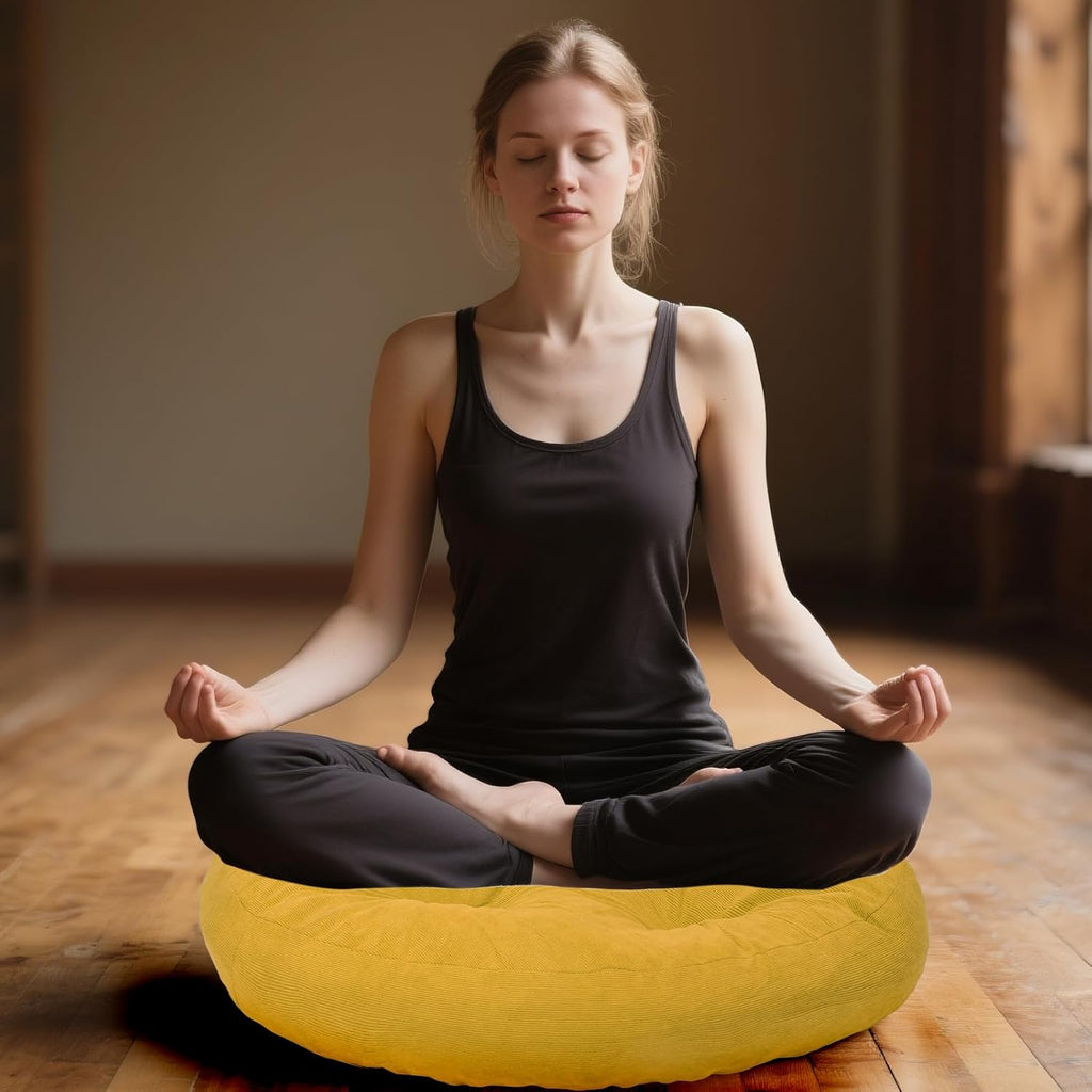 Meditation Floor Pillow Set of 2, Round Large Pillows Seating for Adults, Tufted Corduroy Cushion for Tatami Living Room, 22x22 Inch FP-Yellow-R
