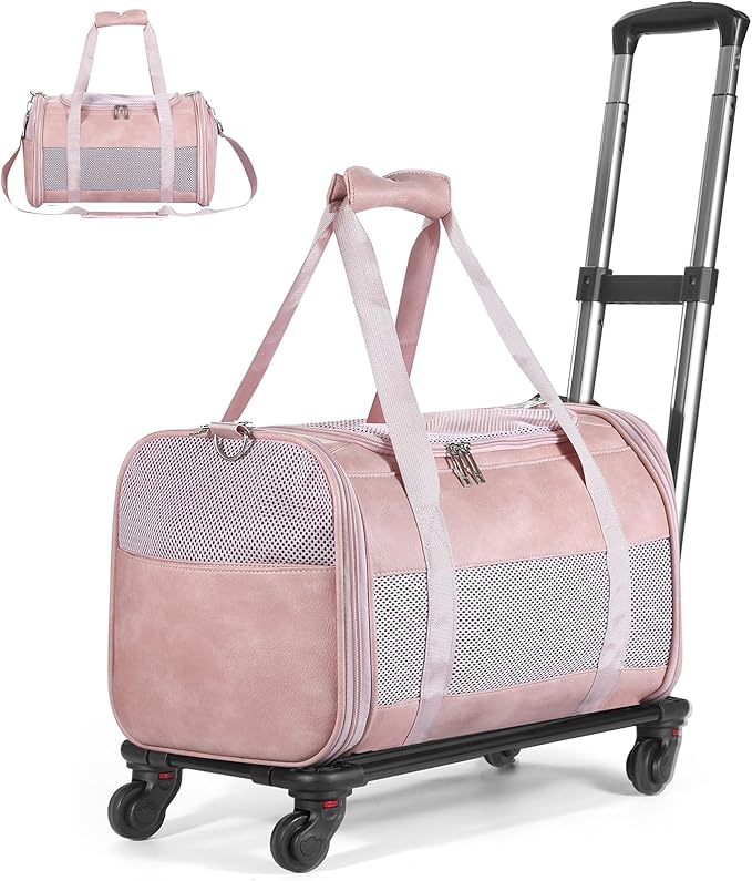 Airline Approved Pet Carrier with Wheels, Rolling Soft Sided Dog Cat Travel Bag, Premium Fashion Leather Small Pet Carrier Purse for Puppies and Cats Pink