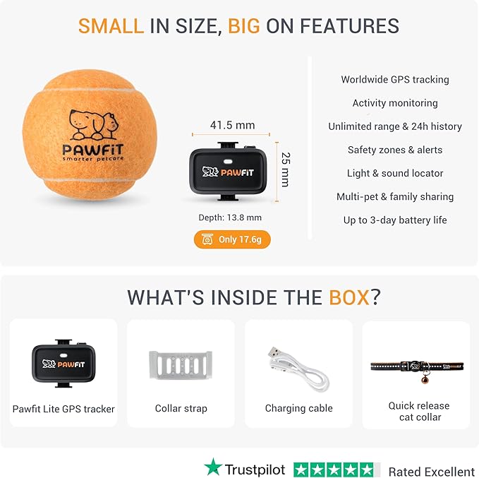 Pawfit Lite for Cats 4g GPS Tracker | Ultra-Small (<18g) Design | Real-Time Tracking | Activity Monitoring | Location History | Unlimited Range | Safety Collar Included | Onyx Black