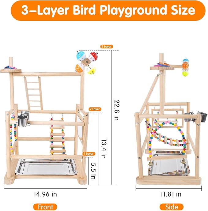 Bird Playground, Parrot Playground Parrot Perch Stand 3 Layer Bird Tree Stand with Feeder Cups, Ladder, Parakeet Mirror, Parakeet Toys and Removable Tray for Small to Medium Birds