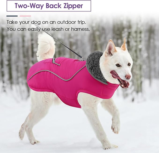 SUNFURA Dog Coat, Warm Dog Coat XXL Puffer Jacket with Harness Hole, Reflective Pet Snow Jacket Turtleneck Fleece Vest for Weimaraner, Labrador, Golden Retriever, Hot Pink 2XL
