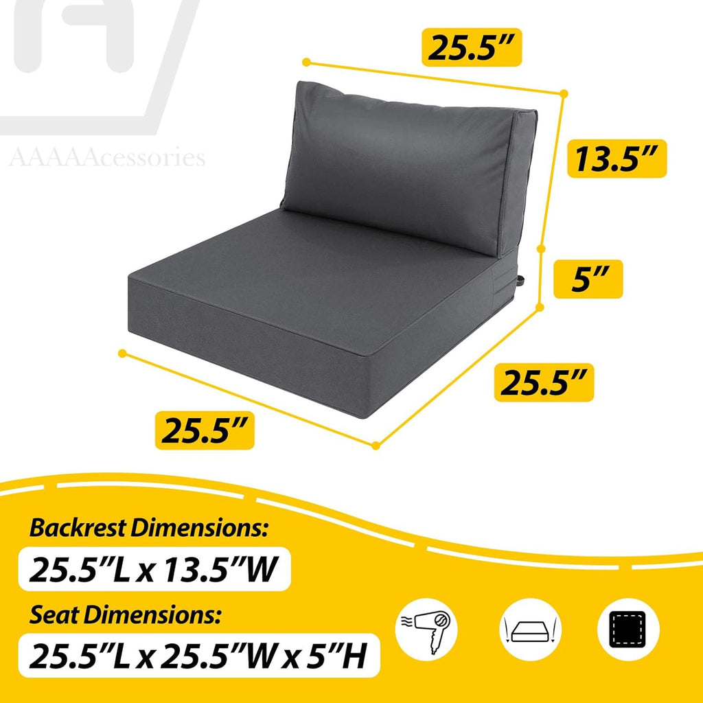AAAAAcessories Outdoor Deep Seat Cushions, Waterproof, Fade-Resistant Patio Furniture Replacement Cushions, 25.5" x 25.5" x 5" + 25.5" x 13.5", Dark Gray