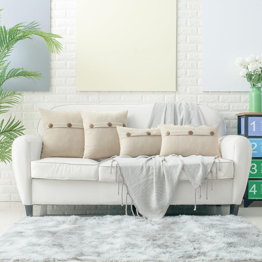 HWY 50 Cream White Chenille Throw Pillow Covers 12x20 Inch with Triple Buttons, Soft Farmhouse Accent Decorative Cushion Cases for Couch Sofa Bed Living Room Pack of 2 Rectangle