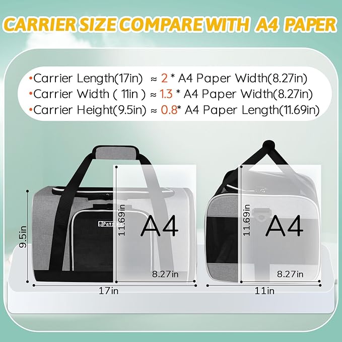 Petskd Pet Carrier 17x11x9.5 Alaska Airline Approved,Pet Travel Carrier Bag for Small Cats and Dogs, Soft Dog Carrier for 1-10 LBS Pets,Dog Cat Carrier with Safety Lock Zipper(Grey)