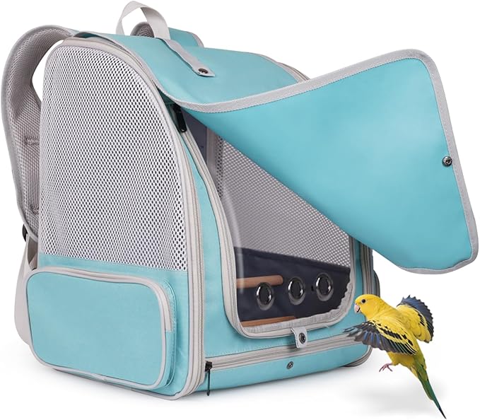 Bird Backpack Carrier Cage for Small to Medium Size, Portable Bird Travel Carrier with Standing Perches and Metal Tray, Vented Carry Transport Bag for Parakeet, Budgie, Conure, Cockatiel, Parrot