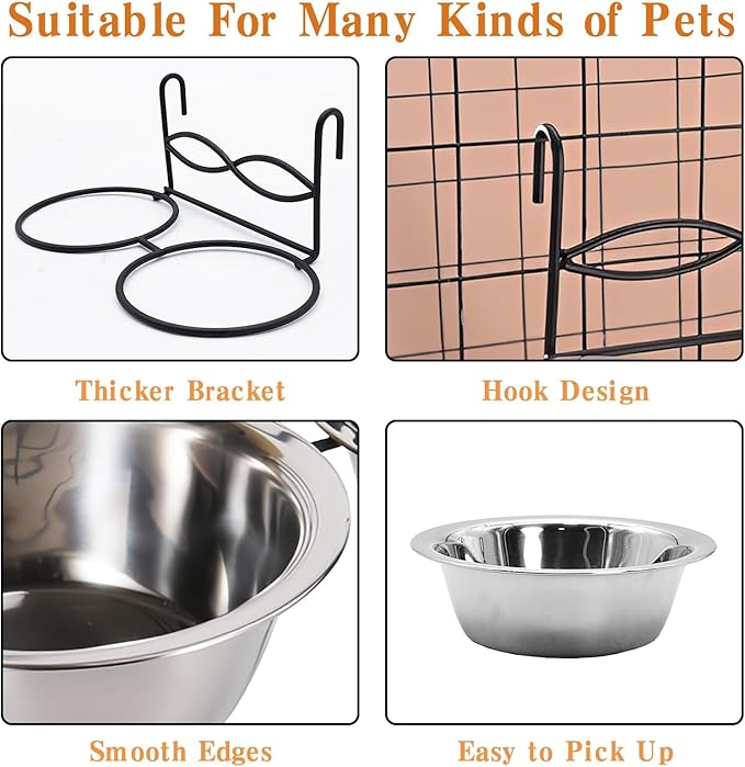 kathson Hanging Bird Bowls for Cage, 2 PCS Stainless Steel Metal Pet Food Water Dishes with Holder Feeder Cage Coop Hook Feeder Cups for Birds, Parrots, Small Sized Dogs and Cats (4.3 Inch Dia)