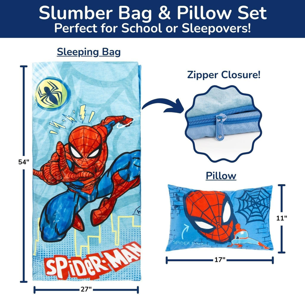 Jay Franco Kids Slumber Bag and Pillow - 54 x 27 Inch Comfy Indoor Sleeping Bag for School and Sleepovers, 2 Piece Set, Blue - Spiderman