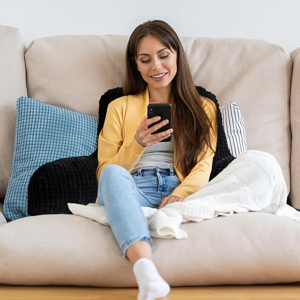 A Nice Night Reading Pillow Bed Wedge Large Adult Children Backrest with Arms Back Support for Sitting Up in Bed/Couch for Lounging Bedrest,Waffle Stereoscopic Design,Black