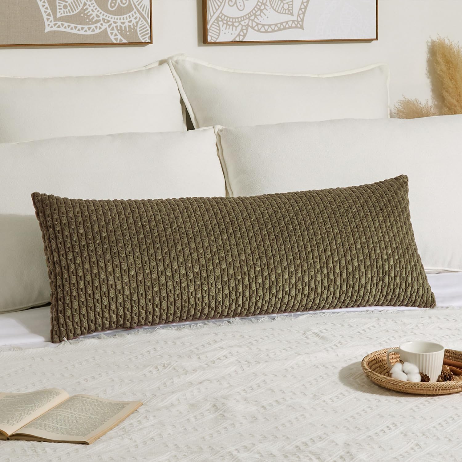 Kevin Textile 14x36 Inch Long Lumbar 1 Pack Boho Decorative Throw Pillow Cover Soft Striped Corduroy Rectangle Cushion Case Farmhouse Solid Color Accent for Living Room Couch Sofa Bed, Olive Green