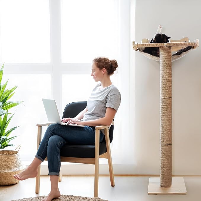 Cat Window Perch with Scratching Post, 46" Adjustable Tall Scratching Posts & Suction Cup – Multi-Level Perch for Climbing, Bird Watching, and Play, Supports 45 lbs (Drilling-Free)