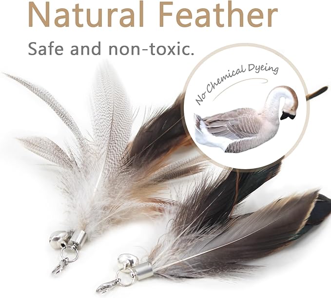SONGWAY Cat Feather Wand - 7 Pcs Interactive Toys for Indoor Kitten, Retractable Wand With 6 Natural Feather Refills and Bell, Fishing Pole Toy