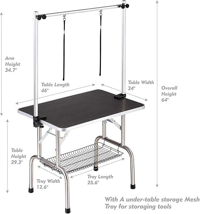 Large Dog Pet Grooming Table, Professional Adjustable Cat Drying Table, Foldable Trimming Station with Arms, Nooses, Mesh Tray, Maximum Capacity Up to 330lbs, 46''/Black