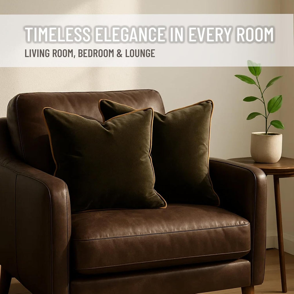 2 Pack Velvet Decorative Throw Pillow Covers, 18"x18", Green and Camel, Solid, Modern, Contrast Piping, Indoor Use, Bedroom & Living Room