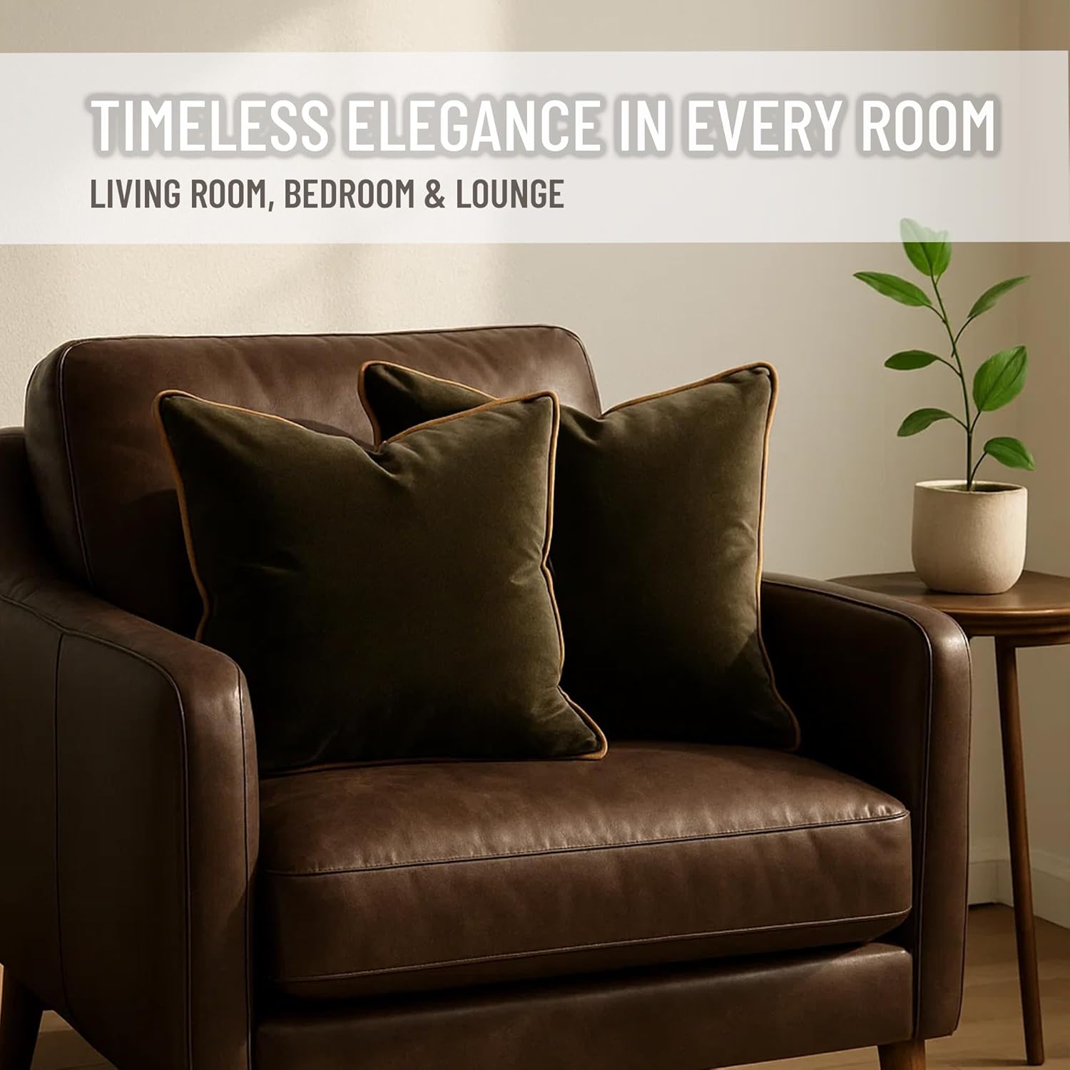 2 Pack Velvet Decorative Throw Pillow Covers, 20"x20", Green and Camel, Solid, Modern, Contrast Piping, Indoor Use, Bedroom & Living Room