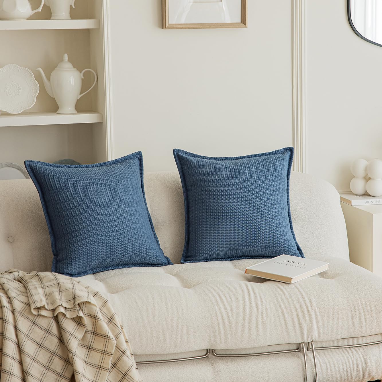 Set of 2 Herringbone Embossed Stripe Flange Throw Pillow Covers for Couch and Bed - 18"x18", Steel Blue