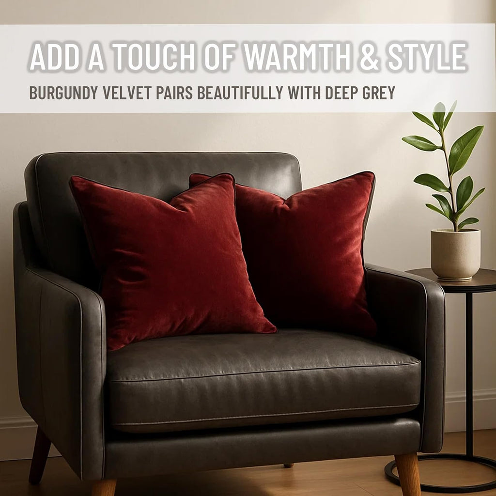 2 Pack Velvet Decorative Throw Pillow Covers, 20"x20", Burgundy, Solid, Modern, Contrast Piping, Indoor Use, Bedroom & Living Room