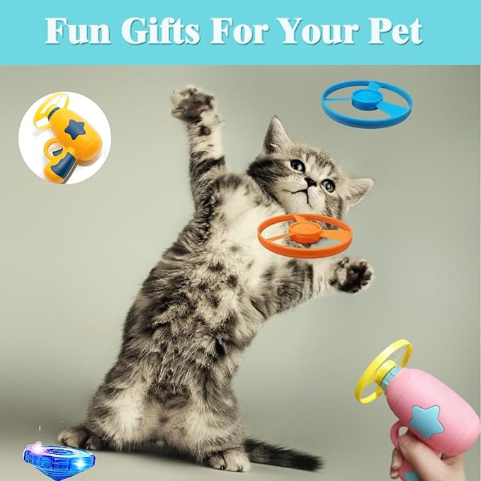 Flying Cat Toy for Indoor Kitten, Interactive Cat Fetch Toy with 1 Light Up Spinning Tops, and 5 Propellers, Flying dis Toy for Training Chasing