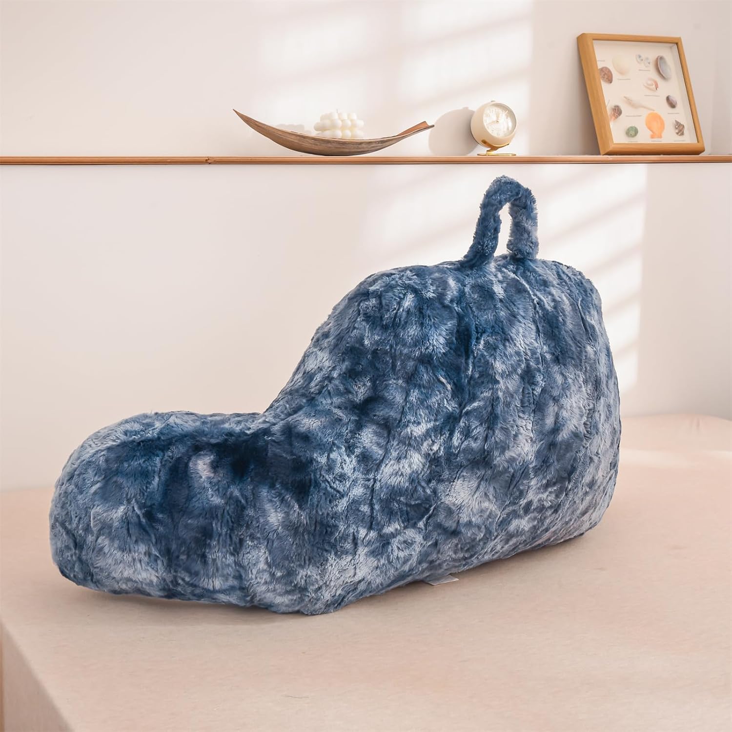 A Nice Night Faux Fur Soft Reading Pillow Bed Wedge Adult Backrest with Arms Back Support for Sitting Up in Bed/Couch for Bedrest,Tie Dyed Navy,Large