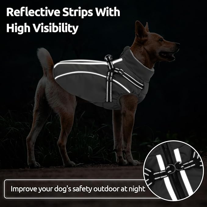 Dog Winter Coat with Harness Built in Warm Puffer Dog Jackets for Small Medium Large Dogs Windproof Waterproof Outfit with Plush Lining and Reflective Stripes (Grey, 3XL)