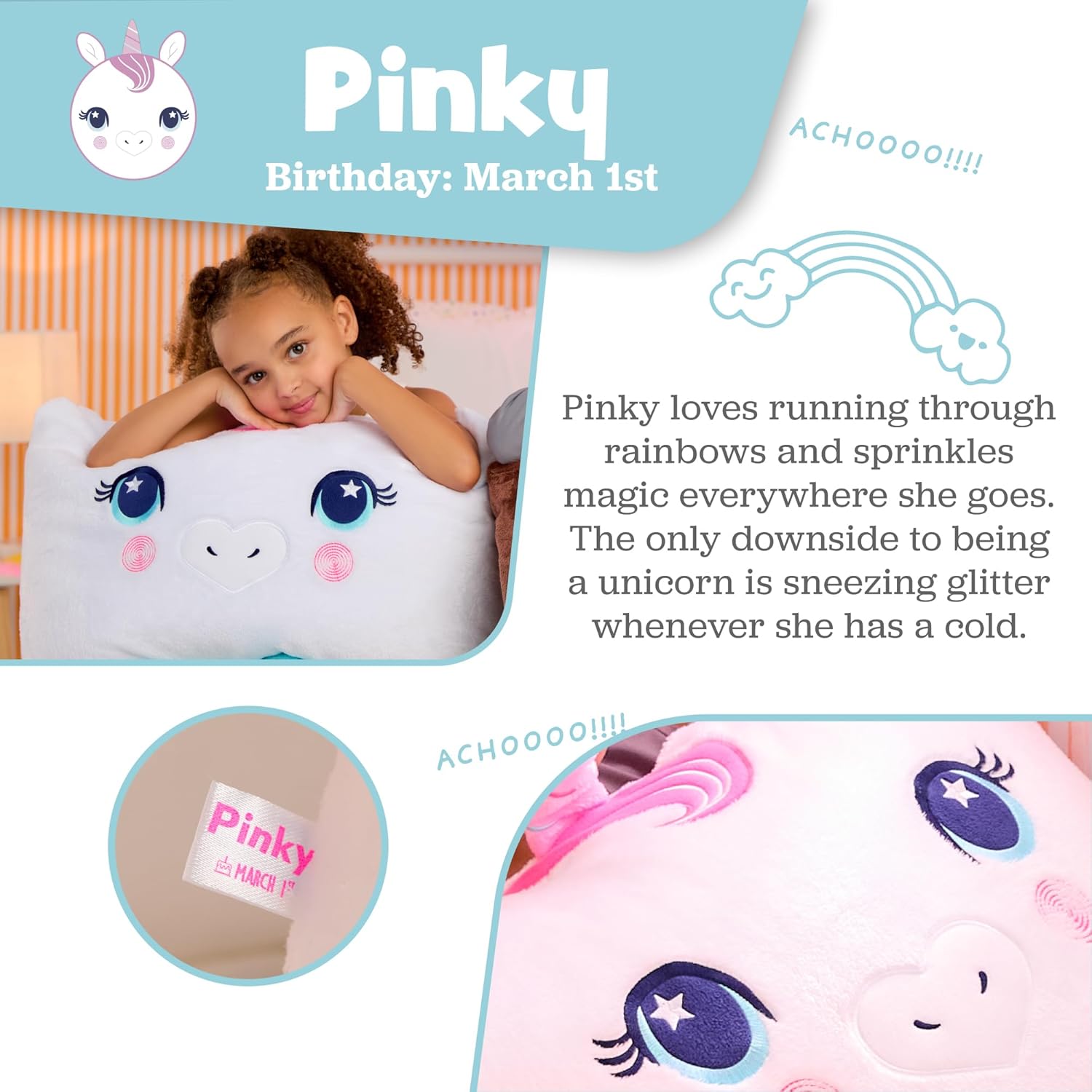 Saint Eve Kids Pillow Pals Fuzzy Pillow Case, Cute Animal Friends Soft Pillow Cover for Kids Beds and Nap Time - Pinky The Unicorn