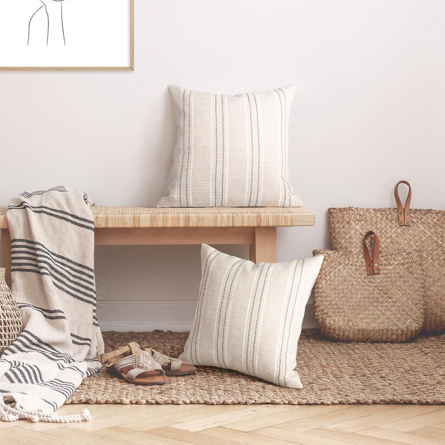 AELS 16x16 Decorative Farmhouse Linen Throw Pillow Covers, Boho Textured Pillow Case, Set of 2, Beige with White & Gray Stitch Yarn Dyed Stripe Cushion Cover for Sofa Couch Living Room (Cover ONLY)