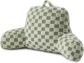 A Nice Night Faux Fur Reading Pillow,Checkered Fluffy Grid Plaid,Bed Wedge Pillow Large Adult Children Backrest with Arms for Bedrest,Green