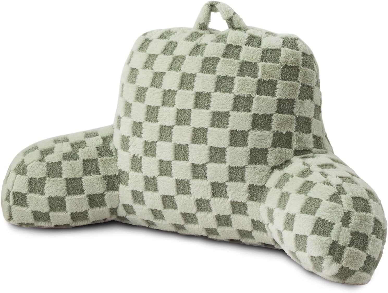 A Nice Night Faux Fur Reading Pillow,Checkered Fluffy Grid Plaid,Bed Wedge Pillow Large Adult Children Backrest with Arms for Bedrest,Green