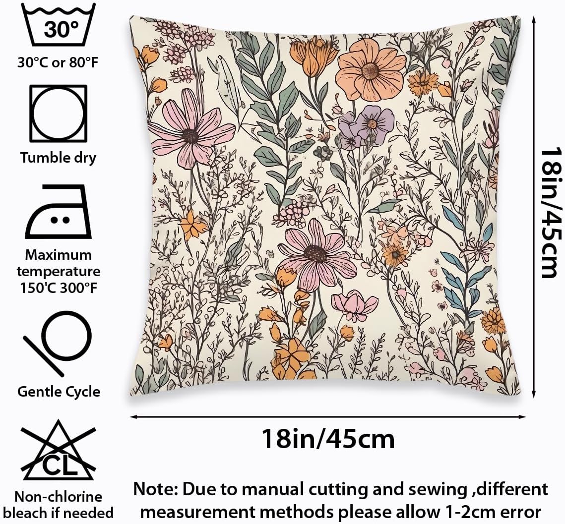 2 Pcs Vintage Floral Throw Pillow Covers, Spring Decorative Throw Pillow Cases Boho Cushion Covers Rustic Decoration for Couch Sofa Bed Bedroom Apartment Dorm Living Room Office Home Decor