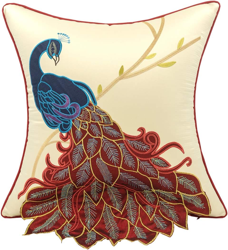 vctops Embroidered Peacock Decorative Throw Pillow Case Silky Satin Cushion Cover Red1 18"X18"