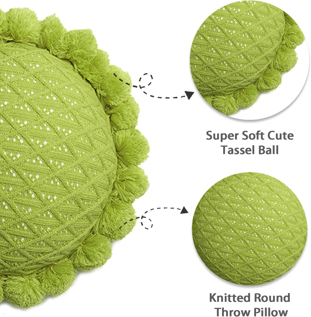 Acrylic Knitted Round Throw Pillow Knitting Bohemian Circular Cushion Pillow with Knit Handmade Pompoms Decorative Apple Green, Diameter 18inches