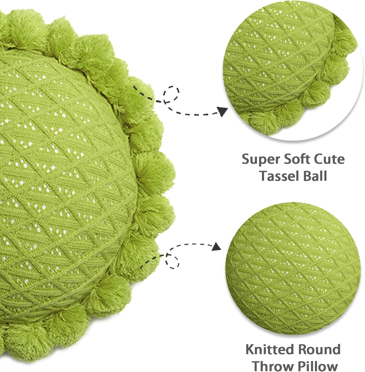 Acrylic Knitted Round Throw Pillow Knitting Bohemian Circular Cushion Pillow with Knit Handmade Pompoms Decorative Apple Green, Diameter 18inches