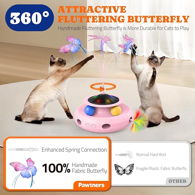 Interactive Cat Toy, 3 in 1 Automatic Cat Toy for Indoor Cats, Electric Kitten Toy with Rechargeable Battery, Self Play Kitty Toys with Rotating Fluttering Butterfly,Track Ball and Ambush Feather,Pink