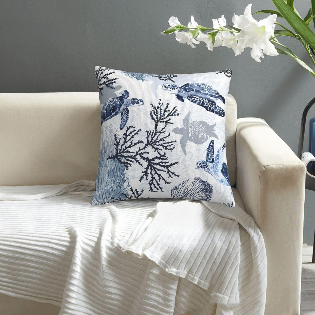 Nautical Blue Pillow Covers 18x18 Inch Coastal Beach Themed Coral Sea Turtle Navy Throw Pillow Cases Cushion Cover Set of 2 for Couch Sofa Living Room Car Decor