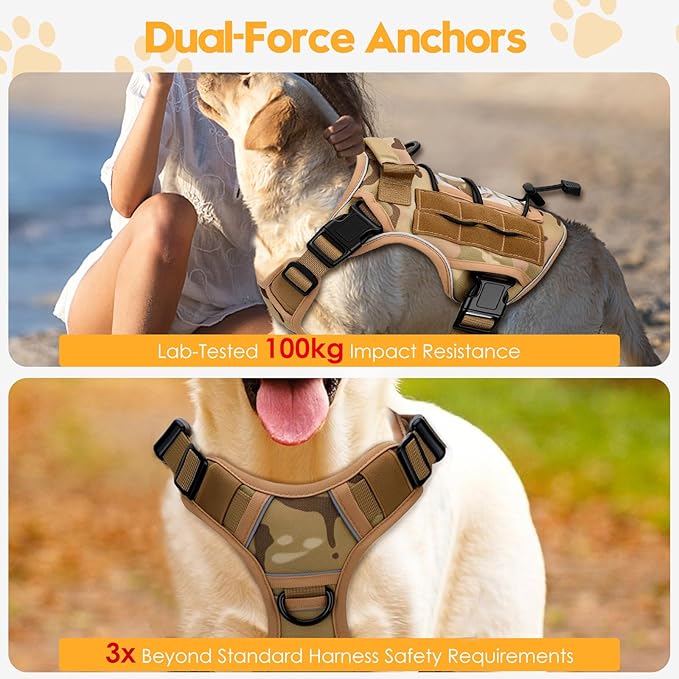 Heavy-Duty Tactical Dog Harness for Large Dogs, No Pull Adjustable Reflective Pet Vest with Molle System, K9 Military-Grade Control for Service Training, Outdoor & 10+ Breeds, Desert Camo, Small