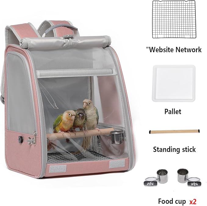 Bird Carrier Backpack, Portable Travel Bird Cage with Standing Perch, 2 Feeder Cups, Iron Mesh Stand & Removable Tray Lightweight, Breathable Mesh Window for Parrot Carrier，Easy Clean (Pink)