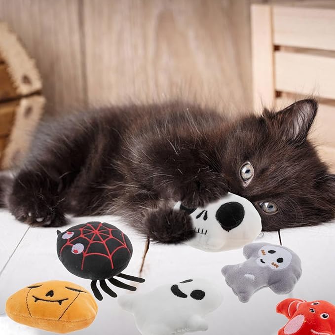 6pcs Halloween Catnip Toy，Indoor Pumpkin Ghost Shaped Cat Toy Plush Interactive Chew Bite Toys for Cat Kitten Indoor Festive Holiday Cat Lover Gift