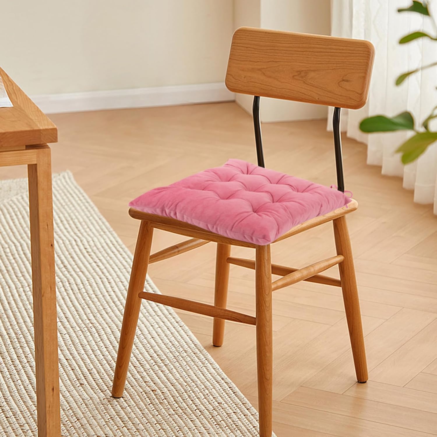 4 Pack Square Seat Cushion Chair Pads for Kitchen Dining Chairs, Soft Comfort Velvet Chair Mat Pillow Cushions with Ties for Office Desk Living Room Tatami 15.5", Pink