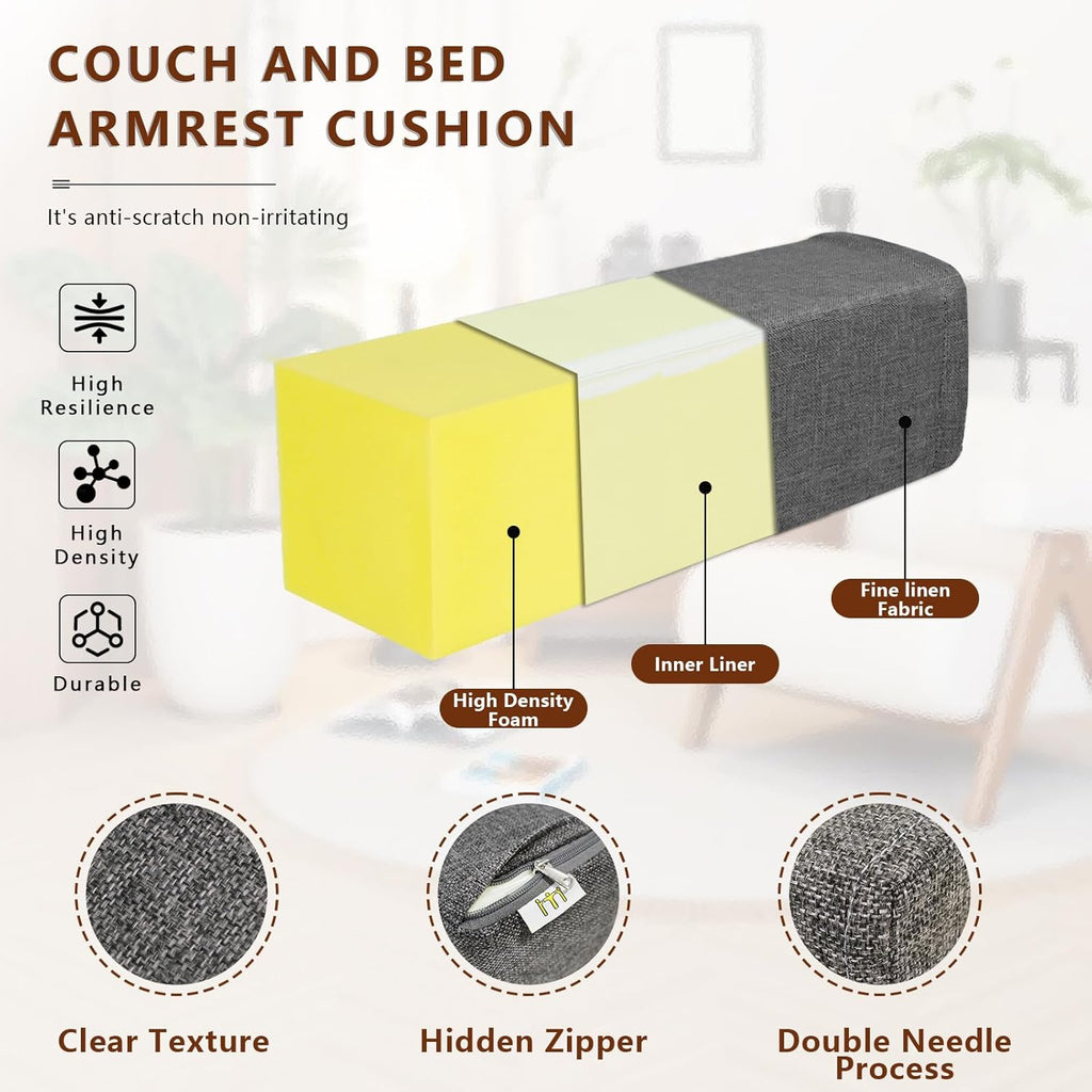 2 Pack Couch Arm Rest Pillow, 6''x6''x20'' Linen Cover, High Density Foam Armrest Cushion, Removable & Washable Elbow Support for Sofa, Bed, and Armchair (Dark Grey)