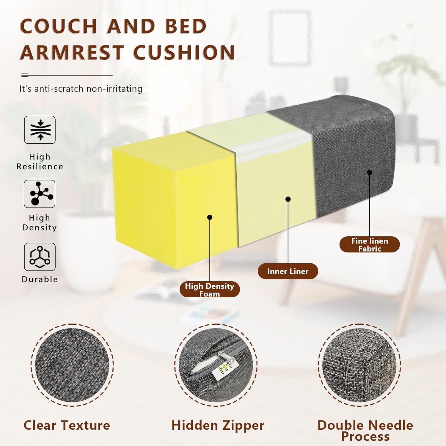 2 Pack Couch Arm Rest Pillow, 6''x6''x20'' Linen Cover, High Density Foam Armrest Cushion, Removable & Washable Elbow Support for Sofa, Bed, and Armchair (Dark Grey)