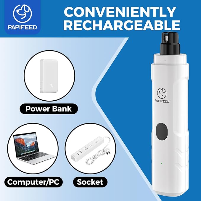 PAPIFFEED Dog Nail Grinder Upgraded with 2 LED Lights, 3-Speed Rechargeable & Quiet - Upgraded Electric Pet Nail Trimmer for Small Medium Large Dogs & Cats, Painless Paws Grooming Tool - White