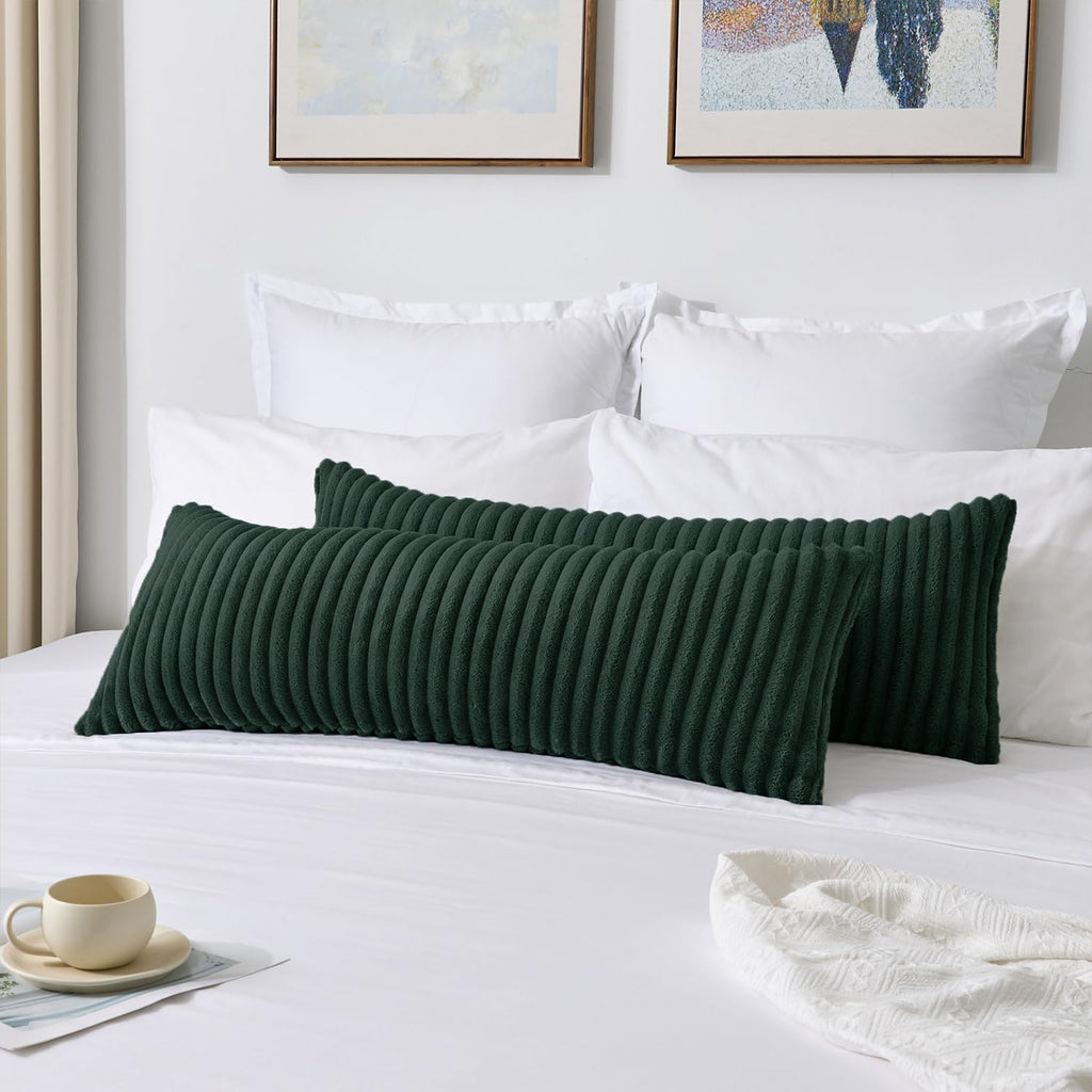 Kevin Textile Christmas Soft Plush 14x36 Inch Long Lumbar Pillow Cover 1 Pack, Luxury Fluffy Faux Fur Striped Flannel Rectangle Body Cushion Case for Couch Sofa Chair Bed Home Decor, Dark Green