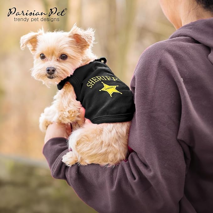 Parisian Pet Dog Tshirt - Embroidered “ Sheriff “ Shirt - Lightweight and Skin Friendly Dogs Clothes - Sleeveless Black Dog Tee Shirts - Machine Washable Shirts for Small Dogs - S