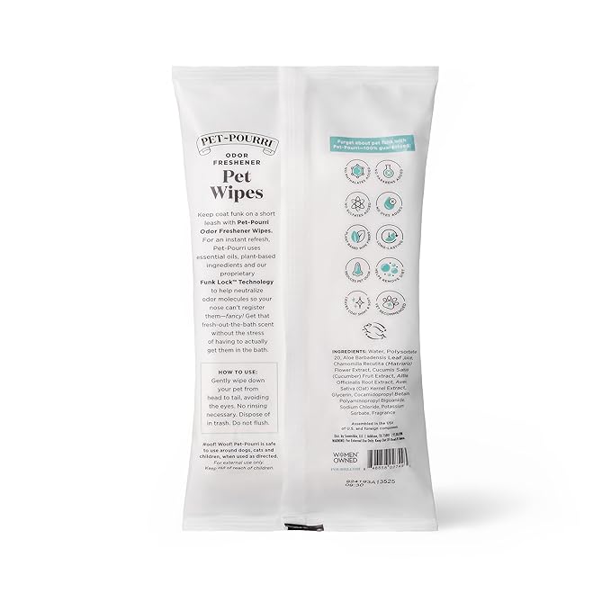 Poo-Pourri Pawsitively Fresh Deodorizing Pet Wipes – Quick Cleaning Wipes for Dogs & Cats – Plant Based Ingredients – Vet Recommended – Cleaner Odor Remover Wipes for Paw, Fur & Skin Soothing