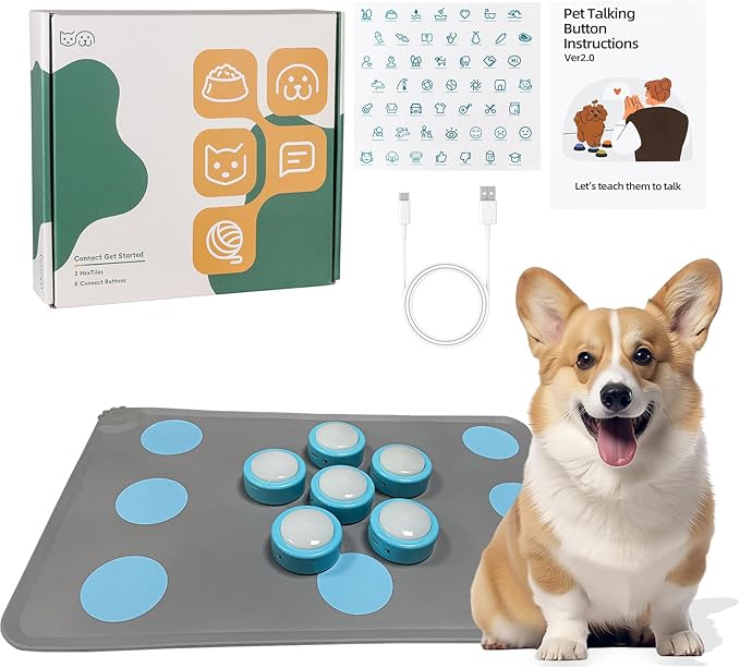 Dog Buttons for Communication – 6 Pack Rechargeable Dog Talking Buttons Starter Kit with Non-Slip Mat, High-Sensitivity & 24s Voice Recording 49 Stickers Pet Training Buttons for Dogs & Cats