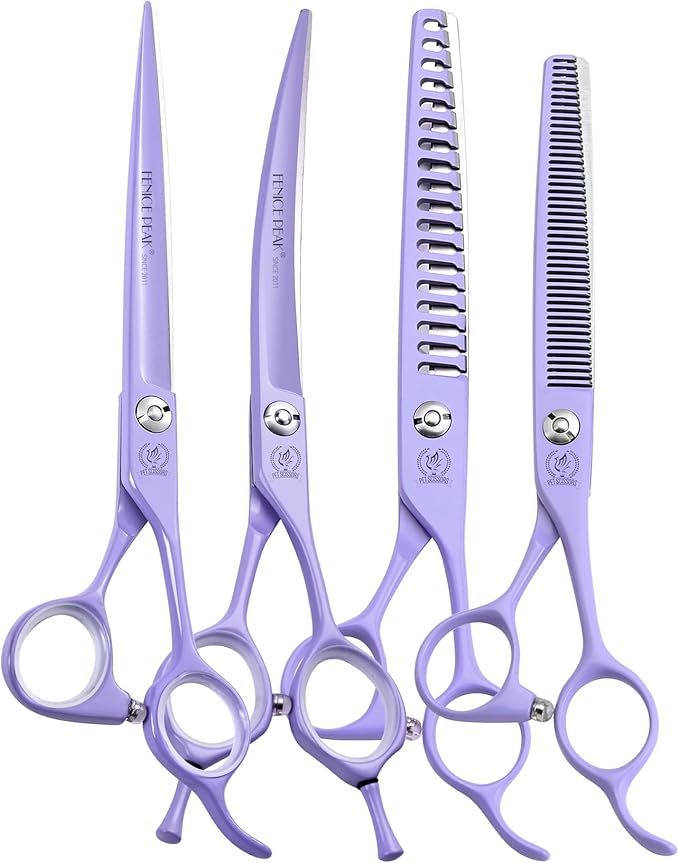 Fenice Peak 7" Professional Dog Grooming Scissors Set, Japanese 440C Stainless Steel Straight Thinning Curved Chunker Shears for Pet Grooming, Trimming Face, Paws, Violet