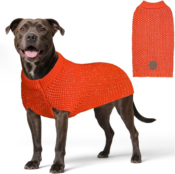 KYEESE Dog Sweater with Leash Hole Warm Pullover with Reflective Yarn for Small and Medium Dogs Male Soft Knit Pullover Boy Dog Coats Cozy Lightweight Thick Sweater,Orange,Large
