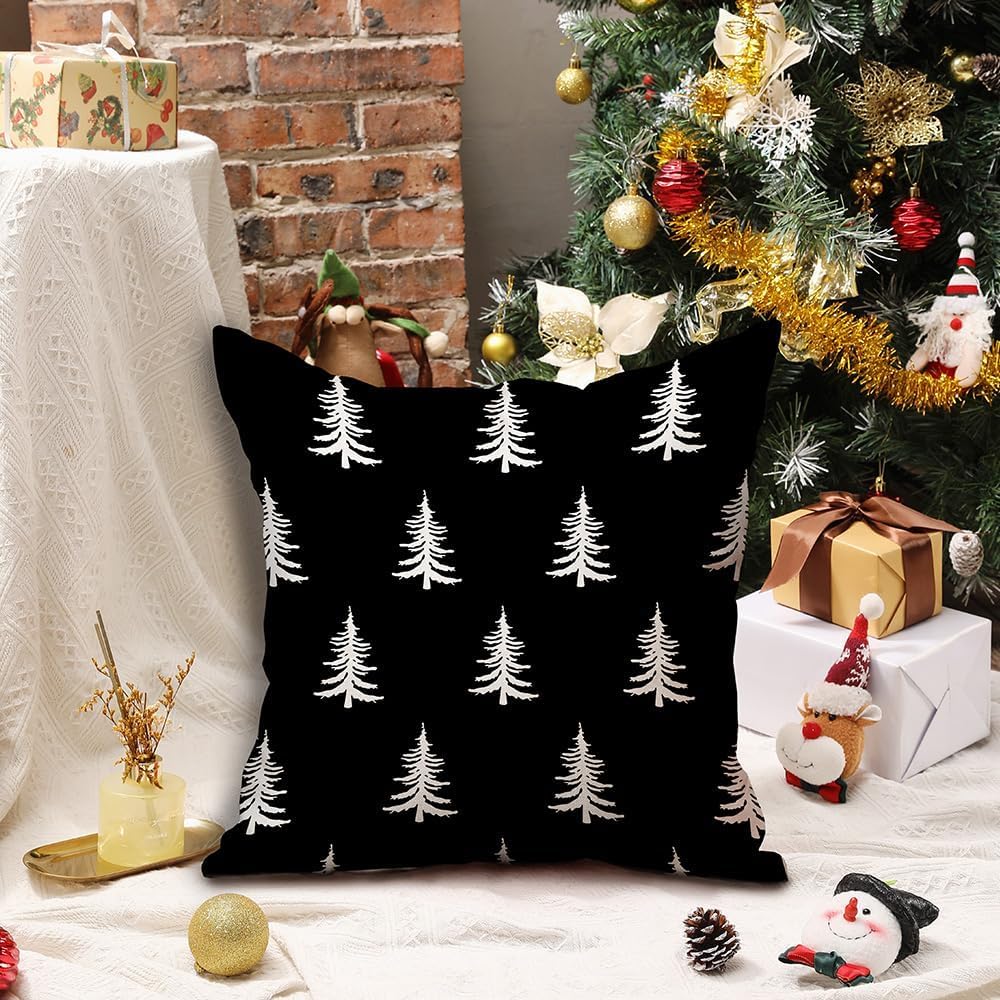 DFXSZ Christmas Pillow Covers 16x16 inch Set of 2 Christmas Tree Decorative Black Throw Pillow Covers Winter Famliy Decoration for Home Couch TH-30D16