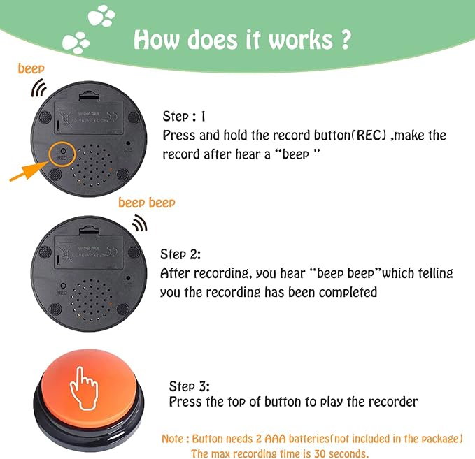 FINEST+ Voice Recording Button for Communication Pet Training Buzzer, 30 Second Record&Playback Dog Toy, Voice Recording Clicker for Cat, Puppy, Pet Trainin, Funny Gift for Study Office Home 4 Pcs
