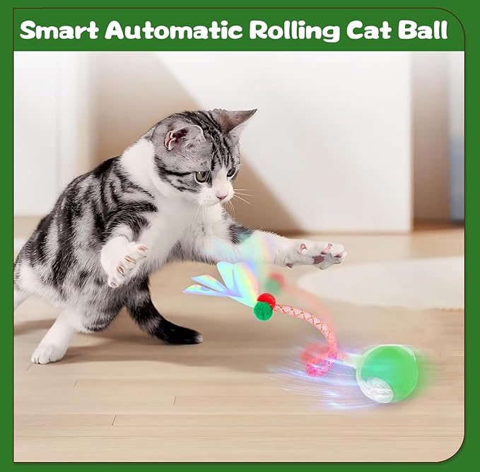 Interactive Cat Toys for Indoor Cats, Speedy Moving Ball Cat Toys with Colorful Tail, Smart Interactive Cat Rolling Ball (Green)