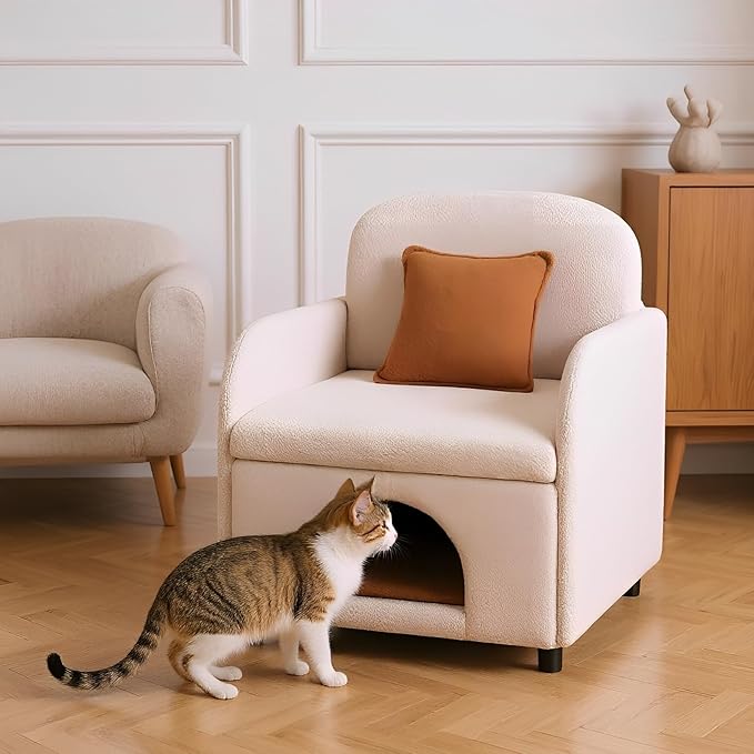 Accent Chair with Cat Bed for Cats Lover, Sherpa Fabric Pet-Friendly Single Sofa Cute Armchair with Pet Nest for Living Room, Beige.